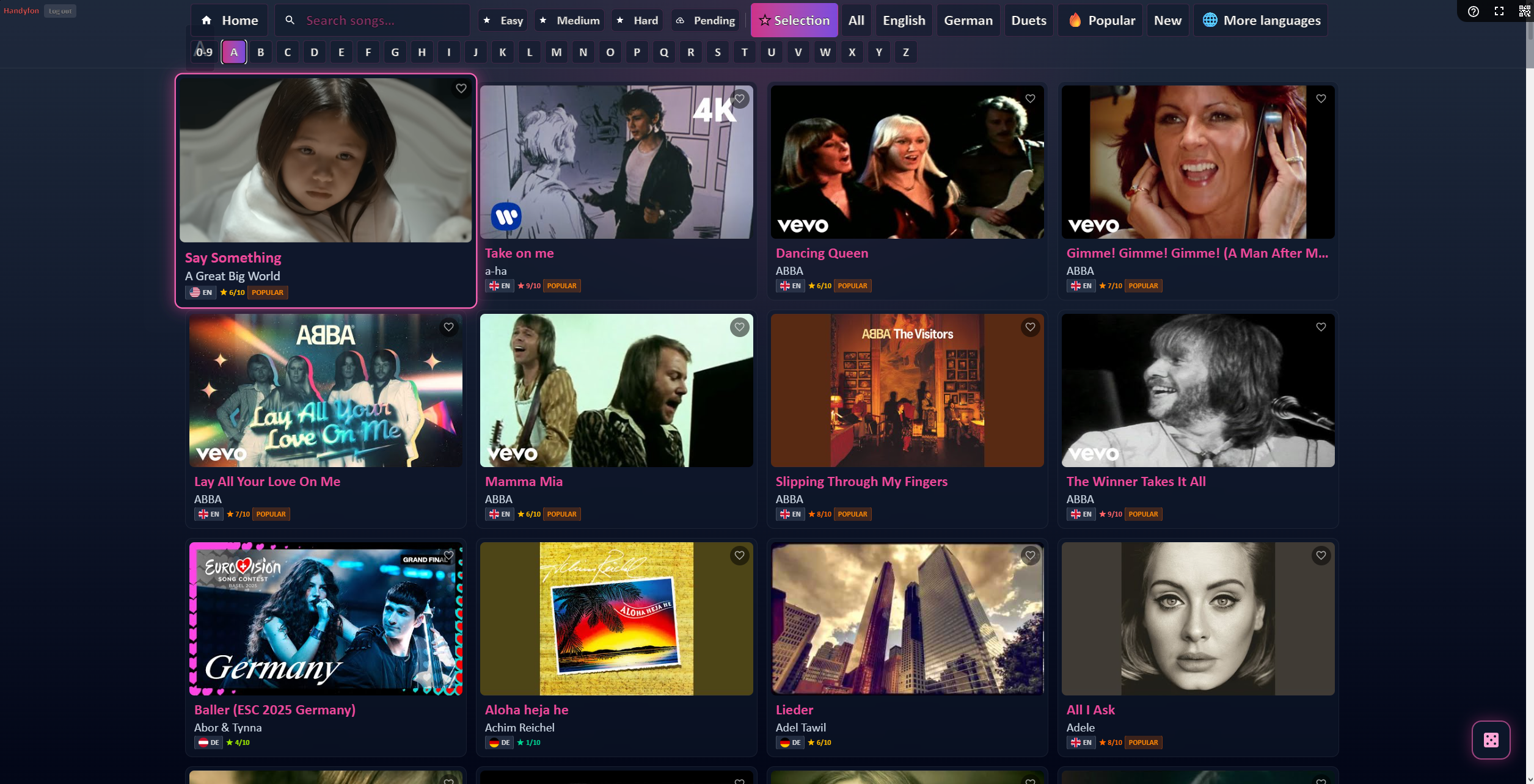 Song selection screen
